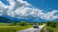 car for traveling with a pine forest and mountain views, generative Ai Royalty Free Stock Photo