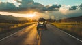 car for traveling with a pine forest and mountains views, generative Ai Royalty Free Stock Photo