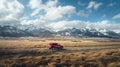 car for traveling with a pine forest and mountains views, generative Ai Royalty Free Stock Photo