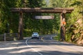 Car travels through the southern entrance to Mount Rainier National Park
