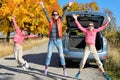 Car trip on autumn family vacation, happy mother and kids travel Royalty Free Stock Photo