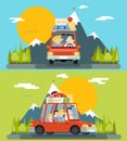 Car Trip Family Adult Children Road Concept Flat Design Icon Mountain Forest Background Vector Illustration