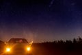 Night car trip under star sky. night driving travel