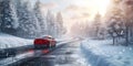 Car trip on the road by winter forest background, Winter Season - Ai Generated Royalty Free Stock Photo