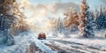 Car trip on the road by winter forest background, Winter Season - Ai Generated Royalty Free Stock Photo