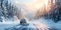 Car trip on the road by winter forest background, Winter Season - Ai Generated Royalty Free Stock Photo