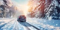 Car trip on the road by winter forest background, Winter Season - Ai Generated Royalty Free Stock Photo