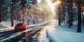 Car trip on the road by winter forest background, Winter Season - Ai Generated Royalty Free Stock Photo