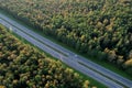 Car and truck driving on the highway, Top view. Trucks and cars in a traffic jam on rod. Cars and rush hours. Aerial view of a