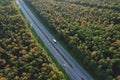 Car and truck driving on the highway, Top view. Trucks and cars in a traffic jam on rod. Cars and rush hours. Aerial view of a