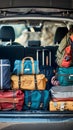 A car trunk filled with luggage and suitcases in the back, AI Royalty Free Stock Photo