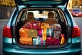 Many boxes in bright packaging and ribbons. Car trunk full of holiday gifts. Concept: surprise, shopping on wheels. AI generated