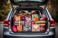 Many boxes in bright packaging and ribbons. Car trunk full of holiday gifts. Concept: surprise, shopping on wheels. AI generated