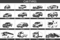 Car Type and Model Objects icons Set . Vector black illustration isolated on white background. Hand drawn illustration.