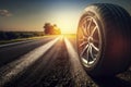 Car tyre on the asphalt road, created with generative AI