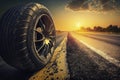 Car tyre on the asphalt road, created with generative AI