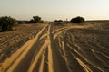 Car tyre marks on sand dunes, Thar desert, Rajasthan, India. Tourists arrive on cars to watch sun rise at desert , a very Royalty Free Stock Photo