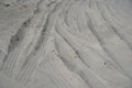 Car Tyre Tracks On The Beach Sand In Perspective. Car Tire Prints On A Road Leading To Beach Covered In Sand. Wheel Tracks On The