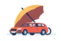 Car under umbrella. Automobile insurance. Insured transport. Property safety. Theft protection. Accident repair