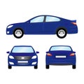 Car vector template on white background. Business sedan isolated. blue sedan flat style. side back front view