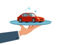 Car, vehicle on tray. Dealership, dealer, transport concept. Cartoon vector illustration