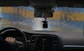 Car video camera dash cam inside of car on highway with blurred background of highway road, from perspective of the driver. Conc Royalty Free Stock Photo