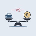 Car vs euro money icon on scale. vector symbol in flat style. buying car concept