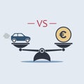 Car vs euro money icon on scale. vector symbol in flat style