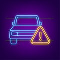 Car and warning sign, alert and caution neon icon. Vector stock illustration. Royalty Free Stock Photo