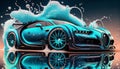 Car Wash Banner Auto Washing with Shampoo Foam Bubbles Illustration, Generative AI