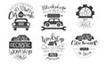 Car Wash Best in Town Premium Quality Retro Labels Set, Workshop, Car Repair Service Hand Drawn Badges Monochrome Vector Royalty Free Stock Photo