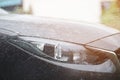 Car wash business banner concept. Cleaning and Spray water Washing front of the car. soft focus. Royalty Free Stock Photo