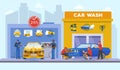 Car wash center full service day and night vector illustration. Men in uniform washing auto with soapy water, other men