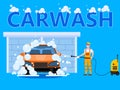 Car Wash center station. Auto Service man worker with equipment washing, clean car, foam bubbles. Vector illustration Royalty Free Stock Photo