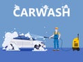 Car Wash center station. Auto Service man worker washing, clean car, foam bubbles. Vector illustration isolated Royalty Free Stock Photo