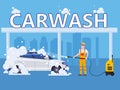 Car Wash center station. Auto Service man worker washing, clean car, foam bubbles. Vector illustration isolated Royalty Free Stock Photo