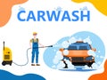 Car Wash center station landing. Auto Service man worker washing, clean car, foam bubbles. Vector illustration isolated Royalty Free Stock Photo