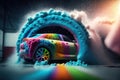 Car wash with colored foam. AI generated Royalty Free Stock Photo