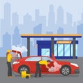 Car wash full service around the clock city station vector illustration flat. People workers man and woman in uniform Royalty Free Stock Photo