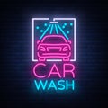 Car wash logo design emblem in neon style vector illustration. Template, concept, luminous sign on the theme of washing Royalty Free Stock Photo