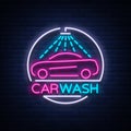 Car wash logo design emblem in neon style vector illustration. Template, concept, luminous sign on the theme of washing Royalty Free Stock Photo