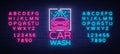 Car wash logo design emblem in neon style vector illustration. Template, concept, luminous sign on the theme of washing