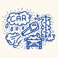 Car wash pattern drawn by doodle. Vector cartoon line cleaning and car cleaning. Pattern for the auto washing service