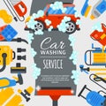 Car wash poster water transport cleaner background vector illustration. Washer car shower washing service auto vehicle