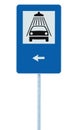 Car wash road sign on post pole, traffic roadsign, blue isolated vehicle shower washing service roadside signage left pointer