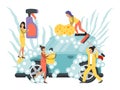 Car wash, self-service concept. People washing cars vector illustration. Cleaning automobiles business service