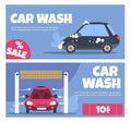 Car wash service banners. Horizontal posters with vehicles in foam. Self cleaning auto station. Transport means hygiene