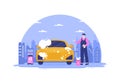 Car Wash Service Flat Design illustration. Workers Washing Automobile Using Sponges Soap and Water for Background or Poster