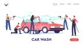 Car Wash Service Landing Page Template. Worker Characters Wearing Uniform Lathering Automobile with Sponge, Cleaning Royalty Free Stock Photo