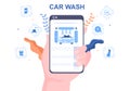 Car Wash Service Online Flat Design illustration. Workers Washing Automobile Using Sponges Soap and Water for Background or Poster